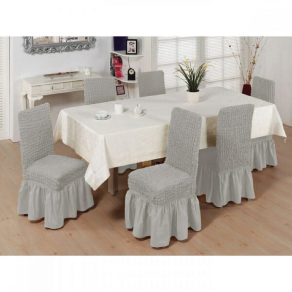 Set of 6pcs Elastic Chair Covers with ruffles Light Grey