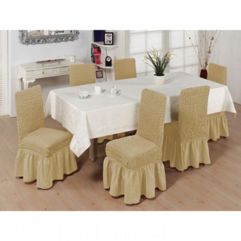 Set 6pcs Elastic Chair Covers with ruffles BEIGE
