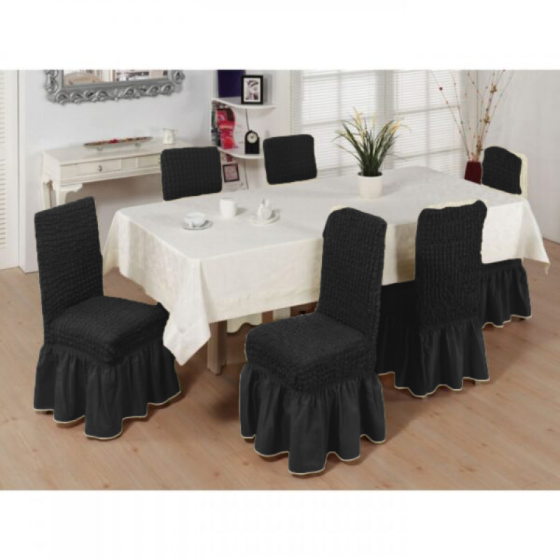 Set 6pcs Elastic Chair Covers with ruffles BLACK